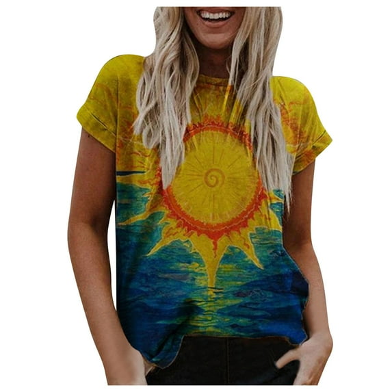 Dyegold Western Shirts For Women Summer Casual Short Sleeve Vintage Floral Printed Tops Graphic Tees Loose Fit Tshirts Tunic