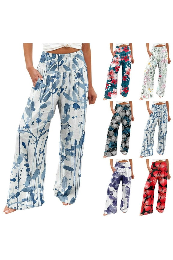 Dyegold Wide Leg Pants For Women Casual Boho Floral Printed Lounge Palazzo Pants Summer Loose Straight High Waisted Trouser
