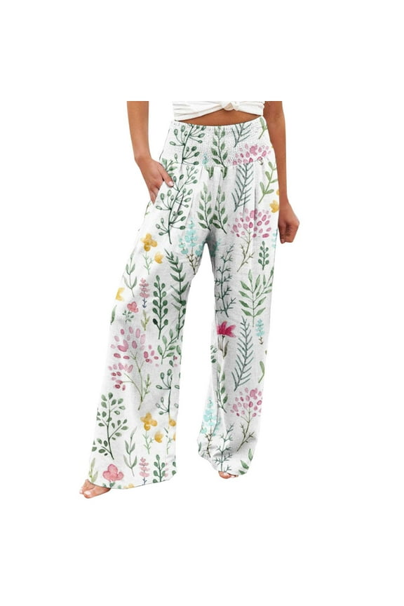 Dyegold Wide Leg Pants For Women Casual Boho Floral Printed Lounge Palazzo Pants Summer Loose Straight High Waisted Trouser
