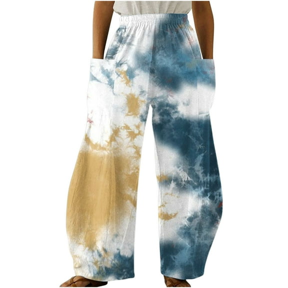 Dyegold Wide Leg Trouser Pants For Women Ombre Tie Dye Elastic Waist Palazzo Pants Plus Size Straight Long Pant With Pockets