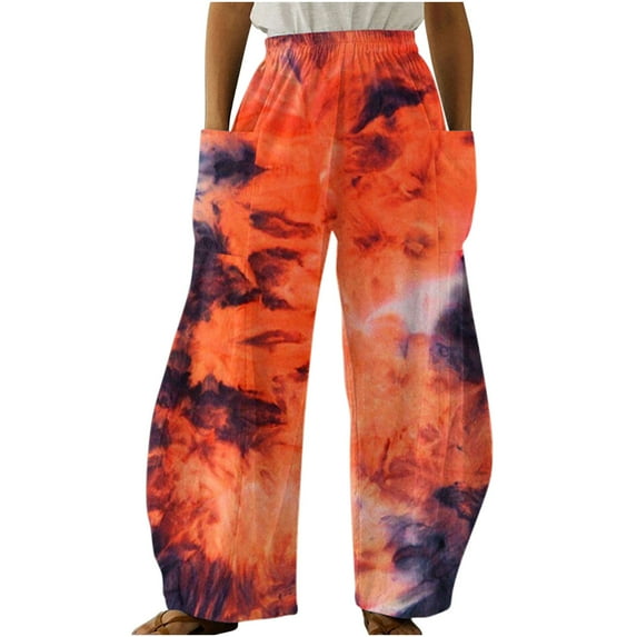 Dyegold Wide Leg Trouser Pants For Women Ombre Tie Dye Elastic Waist Palazzo Pants Plus Size Straight Long Pant With Pockets