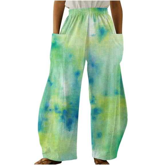 Dyegold Wide Leg Trouser Pants For Women Ombre Tie Dye Elastic Waist Palazzo Pants Plus Size Straight Long Pant With Pockets