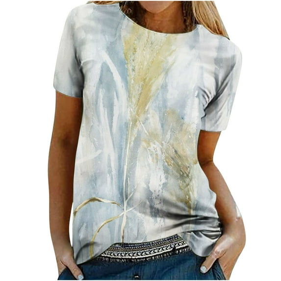 Dyegold Woman Shirts Vintage Graphic Tee Shirts Floral Printed Short Sleeve Crewneck Blouses Tops Summer Casual Loose Tunics