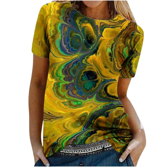 Dyegold Woman Shirts Vintage Graphic Tee Shirts Floral Printed Short Sleeve Crewneck Blouses Tops Summer Casual Loose Tunics