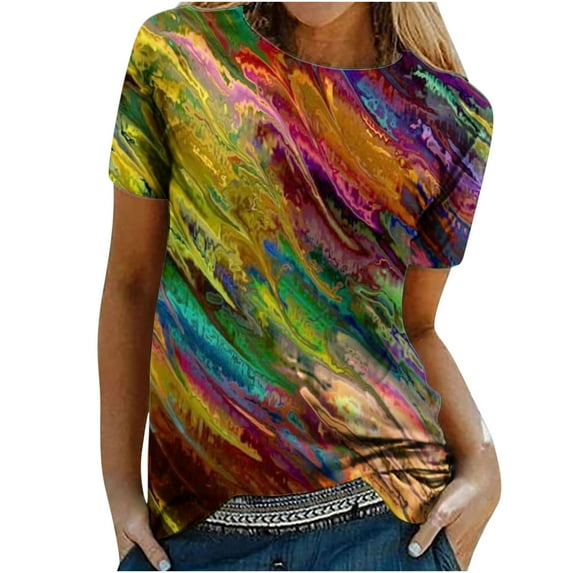Dyegold Woman Shirts Vintage Graphic Tee Shirts Floral Printed Short Sleeve Crewneck Blouses Tops Summer Casual Loose Tunics