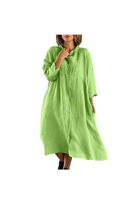 Dyegold Women Cotton And Linen Shirt Dress Button Down Casual Maxi Dresses Loose Flowy Swing Long Sleeve Vacation Long Dress