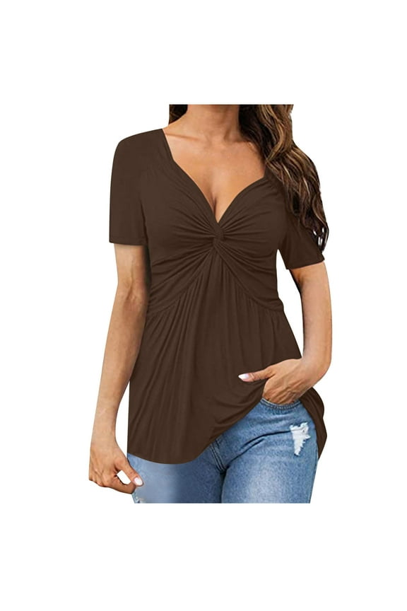 Dyegold Women Tops Summer Casual Twist Knot Pleated Front Shirt Short Sleeve V Neck Loose Fit Trendy Blouses Plus Size Tunic