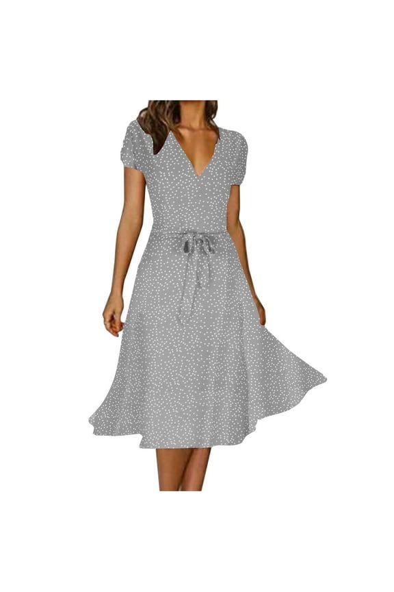 Dyegold Women's 2023 Polka Dots Summer Dress V Neck Short Sleeve Belted Ruffle Hem ALine Bohemian Maxi Dresses Beach Holiday