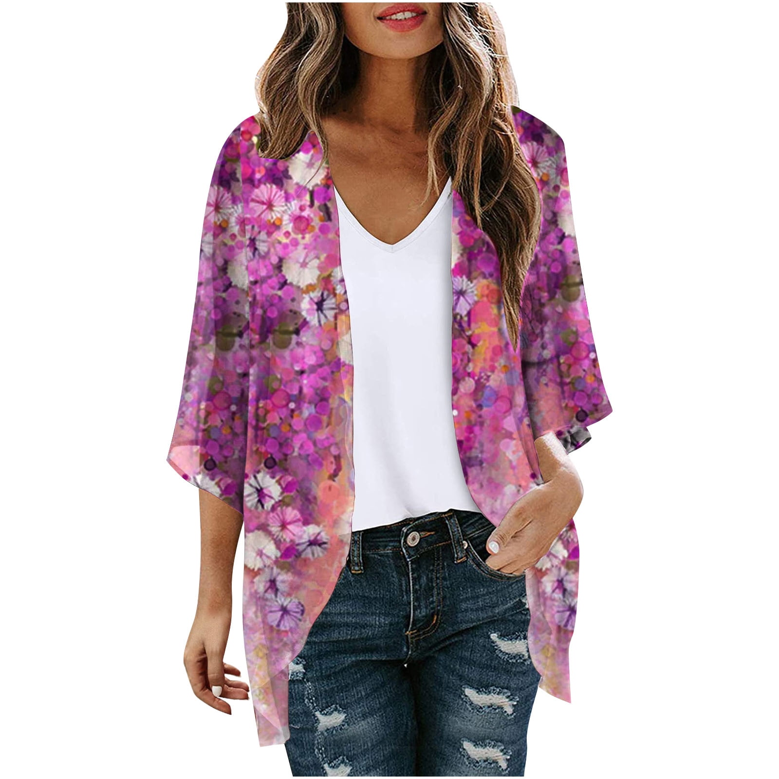 Hibluco Damen Chiffon Kimono - Blumen Strand Cardigan Cover Up