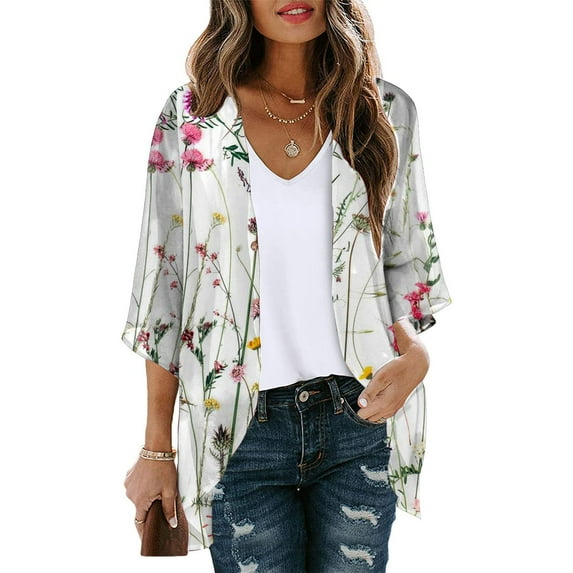 Dyegold Women's Beach Kimono Coverup Sheer Chiffon Cover Ups Casual Loose 3/4 Sleeve Floral Open Front Boho Cardigan Tops