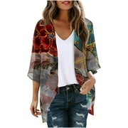 Dyegold Women's Beach Kimono Coverup Sheer Chiffon Cover Ups Casual Loose 3/4 Sleeve Floral Open Front Boho Cardigan Tops