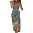 thumbnail image 1 of Dyegold Women's Bodycon Midi Dress Ruched Off Shoulder Short Sleeve Side Slit Tropical Print Elegant Cocktail Party Dress, 1 of 6