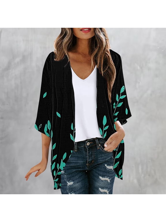 Women's Boho Floral Print Lightweight 3/4 Sleeve Kimono Cardigan, Black, XL