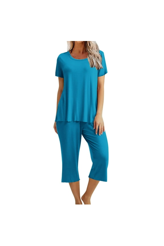 Dyegold Women's Capri Pajama Set Short Sleeve Shirt And Capri Pants Sleepwear Pjs Sets Soft Lounging Outfits With Pockets