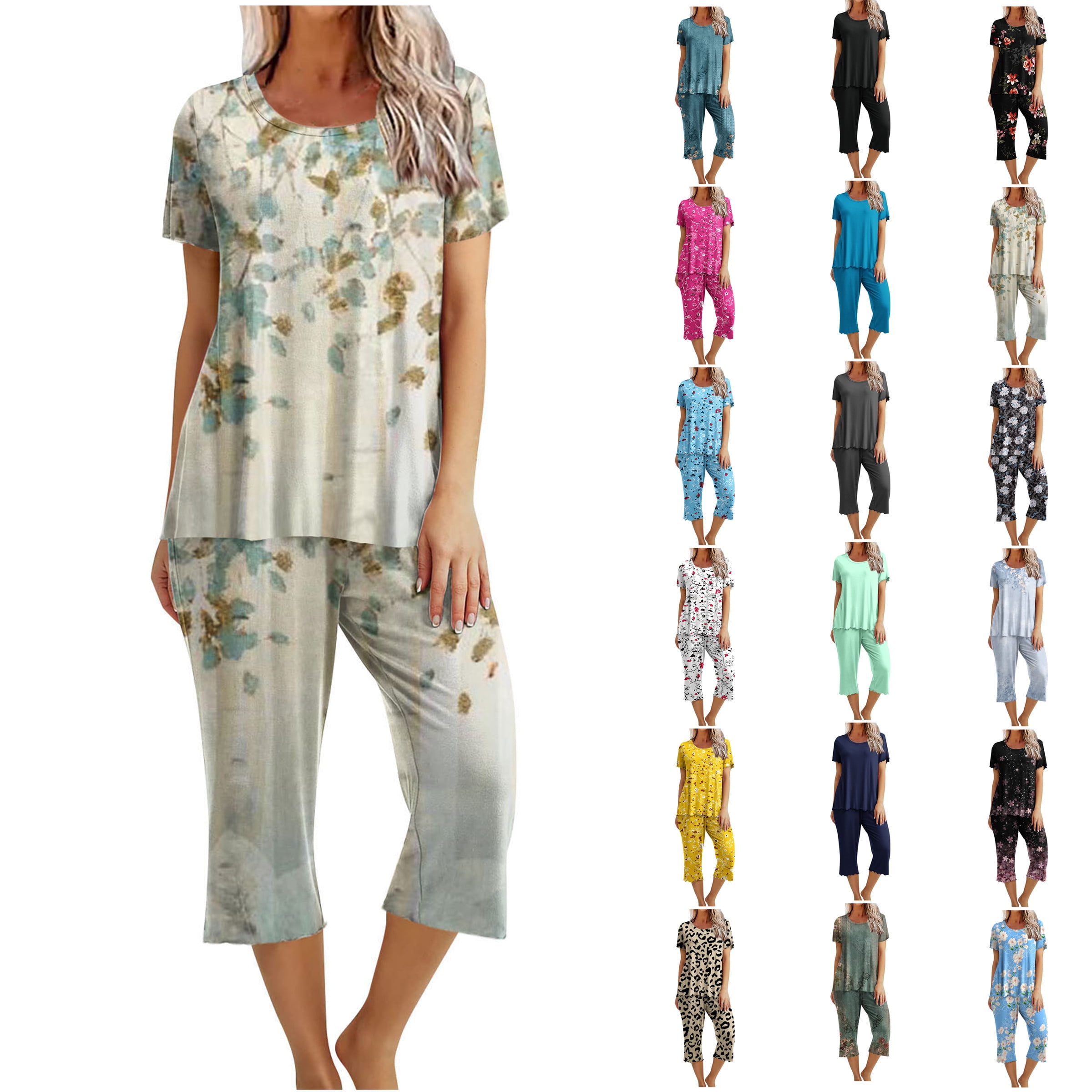 Black&Friday Deals Dyegold Women's Capri Pajama Set Short Sleeve Shirt And  Capri Pants Sleepwear Pjs Sets Soft Lounging Outfits With Pockets 