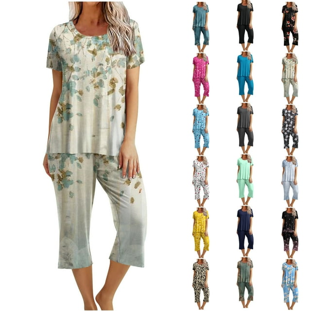 Dyegold Women's Capri Pajama Set Short Sleeve Shirt And Capri Pants
