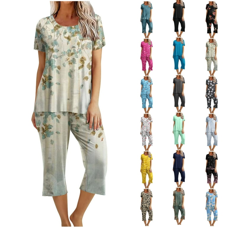 Dyegold Women's Capri Pajama Set Short Sleeve Shirt And Capri Pants  Sleepwear Pjs Sets Soft Lounging Outfits With Pockets 