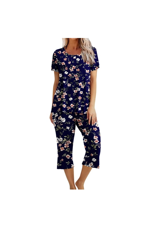 Dyegold Pajama Sets For Women Soft 2 Pieces Outfit Short Sleeve Round Neck Tops Shirts Capris Pant Loungewear Lounge Pjs Set