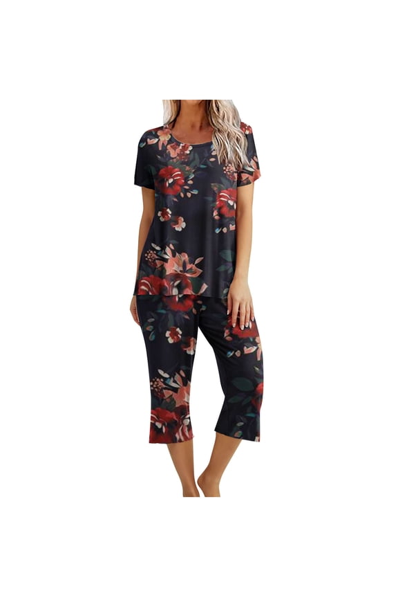 Dyegold Women's Capri Pajama Set Short Sleeve Shirt And Capri Pants Sleepwear Pjs Sets Soft Lounging Outfits With Pockets