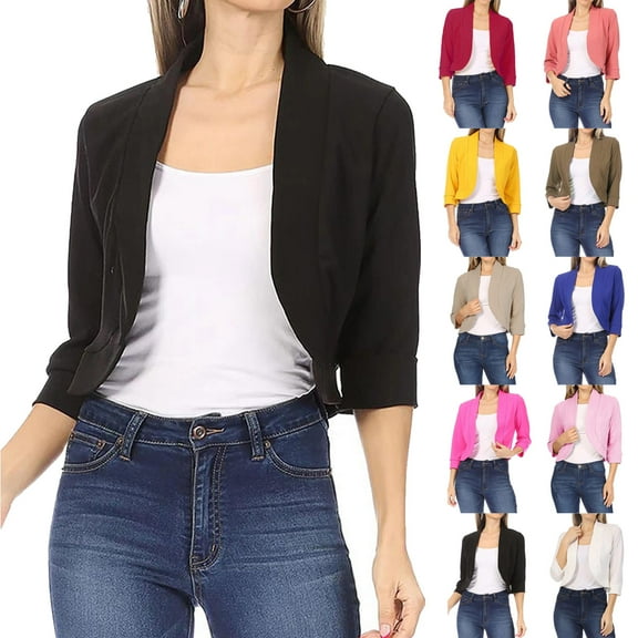 Dyegold Women's Casual Cropped Blazer 3/4 Sleeve Collarless Open Front Lightweight Work Office Cardigan Suit Jacket Shrug