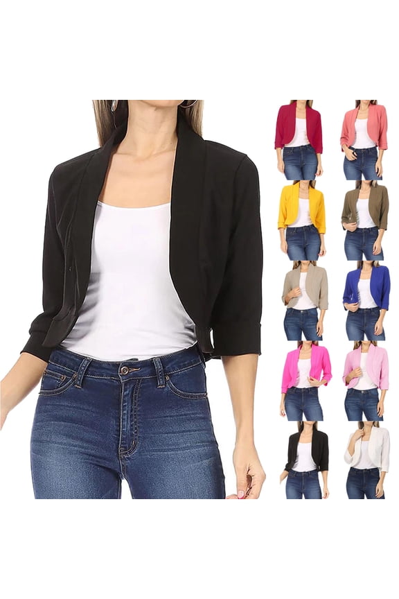 Dyegold Women's Casual Cropped Blazer 3/4 Sleeve Collarless Open Front Lightweight Work Office Cardigan Suit Jacket Shrug