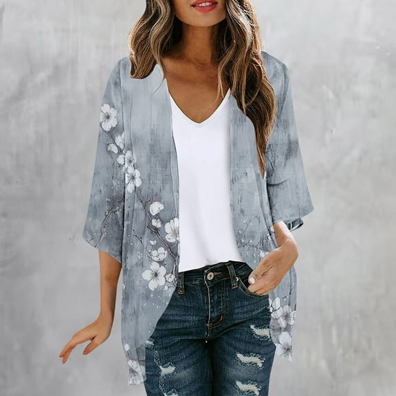 Dyegold Kimonos For Women Boho Floral Print Lightweight Cardigans 3/4 Sleeve Open Front Summer Beach Plus Size Cover Ups Top