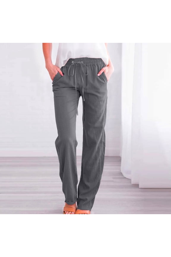 Dyegold Women's Linen Pants On Sale, Linen Pants For Women Plus Size Wide Leg Summer Casual Loose Trousers Drawstring Cotton Linen Pant With Pockets