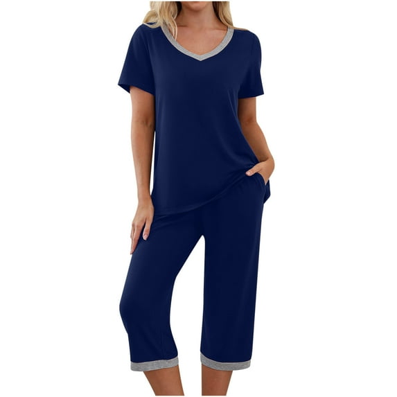 Dyegold Women's Pajama Sets Two Pieces Lounge Set Solid Color /Printed Short Sleeve Tops Capris With Pockets Loungewear Set