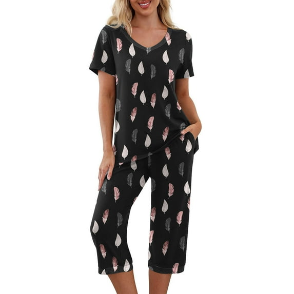 Dyegold Women's Pajama Sets Two Pieces Lounge Set Solid Color /Printed Short Sleeve Tops Capris With Pockets Loungewear Set