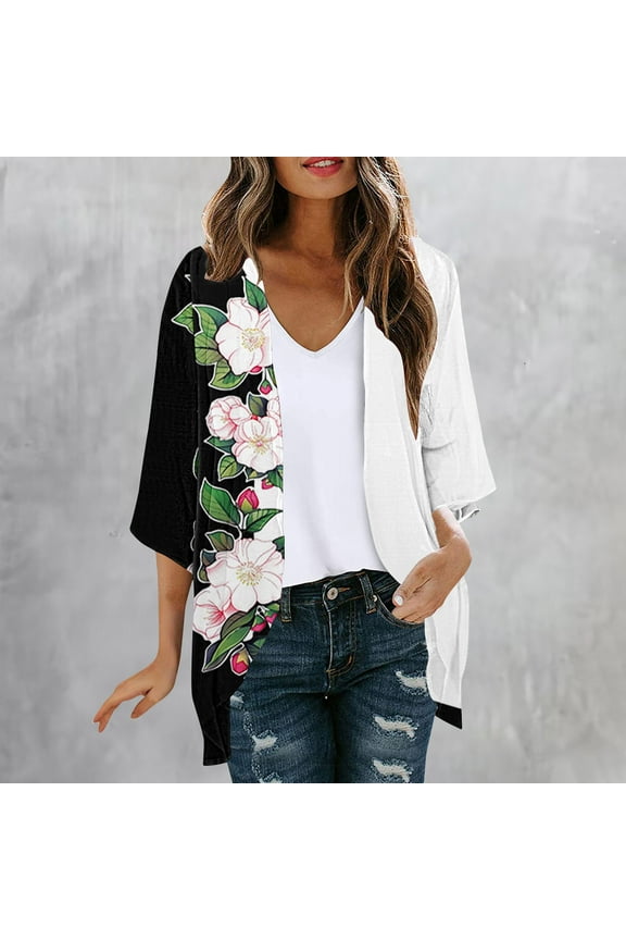 Dyegold Women's Sheer Chiffon Beach Kimono Cover-Up, 3/4 Sleeve Floral Boho Cardigan, Size L, Black