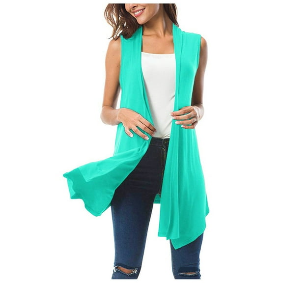 Dyegold Women's Sleeveless Cardigan Casual Long Open Front Flowy Drape Asymmetric Hem Plus Size Lightweight Vest Jackets