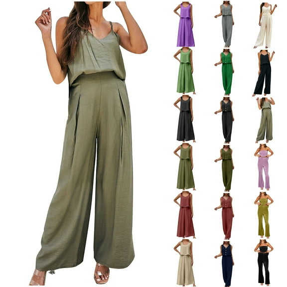 Dyegold Women's Summer 2 Piece Outfits Sleeveless Spaghetti Strap Tank Crop Top and Flowy Loose Wide Leg Pants Matching Set