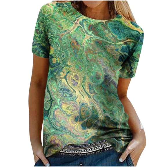 Dyegold Women's Summer Short Sleeve Tshirts Crew Neck Floral Printed Tunic Tees Trendy Casual Loose Plus Size Tops Blouse