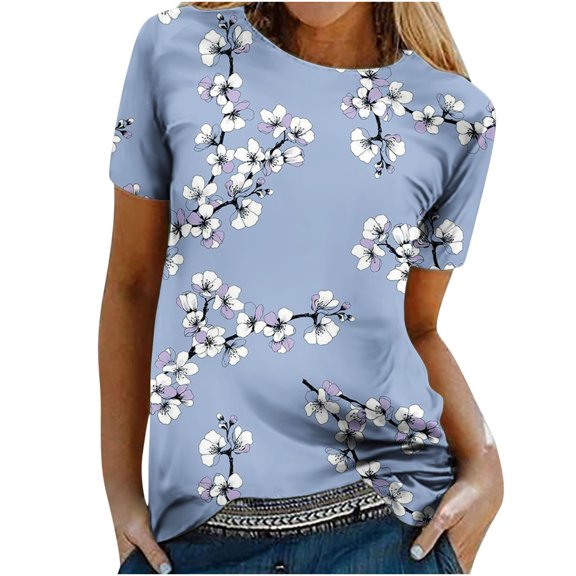 Dyegold Women's Summer Short Sleeve Tshirts Crew Neck Floral Printed Tunic Tees Trendy Casual Loose Plus Size Tops Blouse