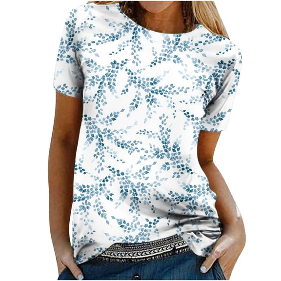 Dyegold Women's Summer Short Sleeve Tshirts Crew Neck Floral Printed Tunic Tees Trendy Casual Loose Plus Size Tops Blouse