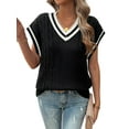 thumbnail image 1 of Oversized Sweater Vest for Women V Neck Cap Sleeve Cable Knit Vest Loose Striped Pullover Tank Tops Black XL, 1 of 7