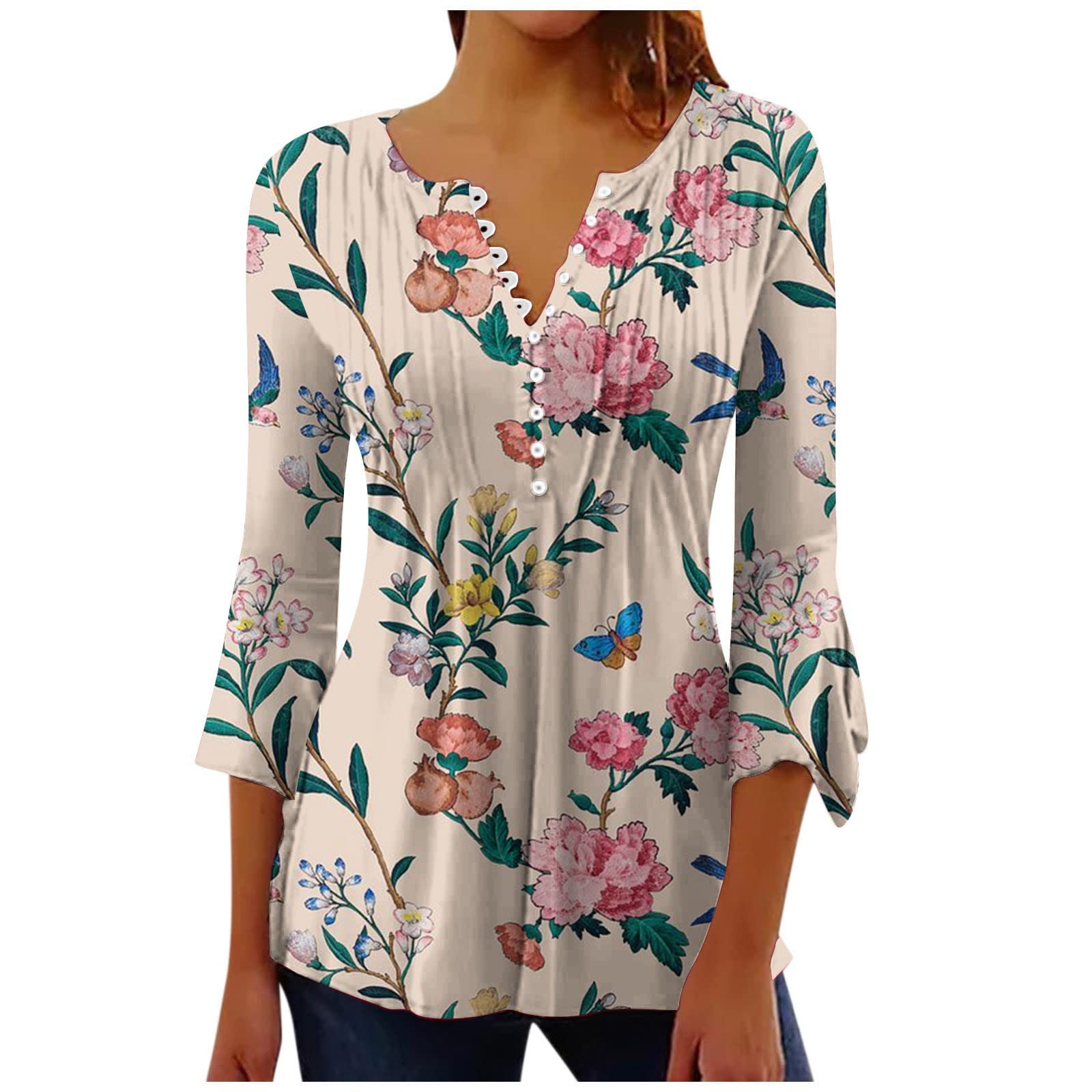 Dyegold Womens 3/4 Length Sleeve Tops Ladies 3/4 Sleeve Tops Peasant Top Y2K Clothes Plus Size