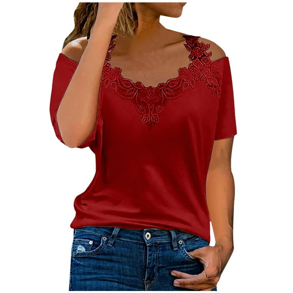 Dyegold Womens Blouses and Tops Dressy Cold Shoulder Lace Trim Tops for Women Summer Casual T Shirts Short Sleeve Blouses Flowy Tunics Tees