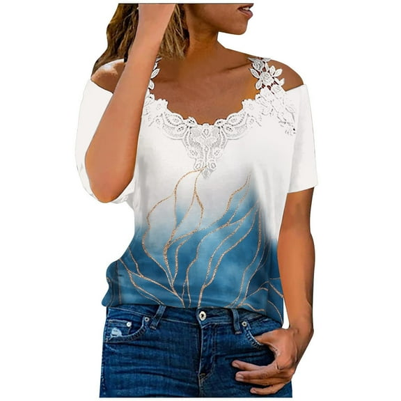 Dyegold Womens Blouses and Tops Dressy Cold Shoulder Lace Trim Tops for Women Summer Casual T Shirts Short Sleeve Blouses Flowy Tunics Tees