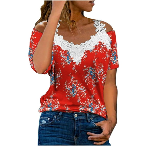 Dyegold Womens Blouses and Tops Dressy Cold Shoulder Lace Trim Tops for Women Summer Casual T Shirts Short Sleeve Blouses Flowy Tunics Tees
