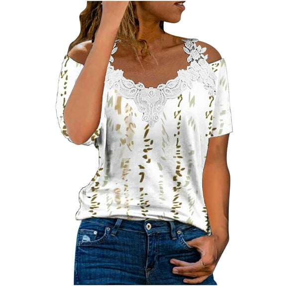 Dyegold Womens Blouses and Tops Dressy Cold Shoulder Lace Trim Tops for Women Summer Casual T Shirts Short Sleeve Blouses Flowy Tunics Tees