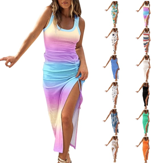 Dyegold Womens Bodycon Dresses Sexy Side Drawstring Slit Ruched Summer Club Party Midi Dress Casual Sleeveless Tight Dress