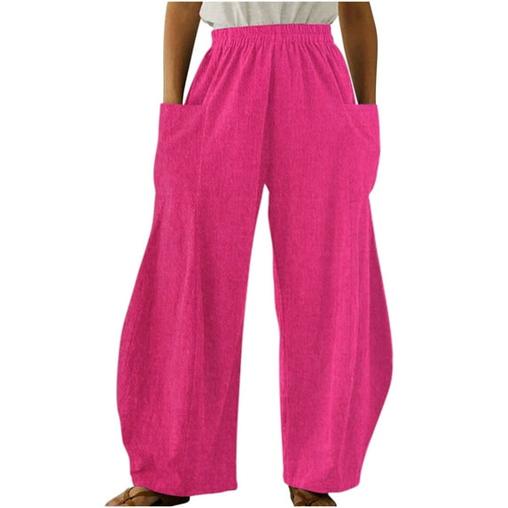 pimelu Womens Casual Wide Leg Pants Elastic Waisted Straight Long Trousers Loose Work Cargo Palazzo Pants Streetwear Cotton Linen Pants