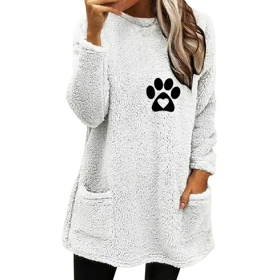 Dyegold Womens Fleece Tops Long Sleeve Fluffy Cute Sweatshirt Graphic Casual Crewneck Teen Girls Sweater Fleece Winter Warm Ladies Hoodie Cozy Fuzzy Tops Pullovers Dog Paw Print Shirts
