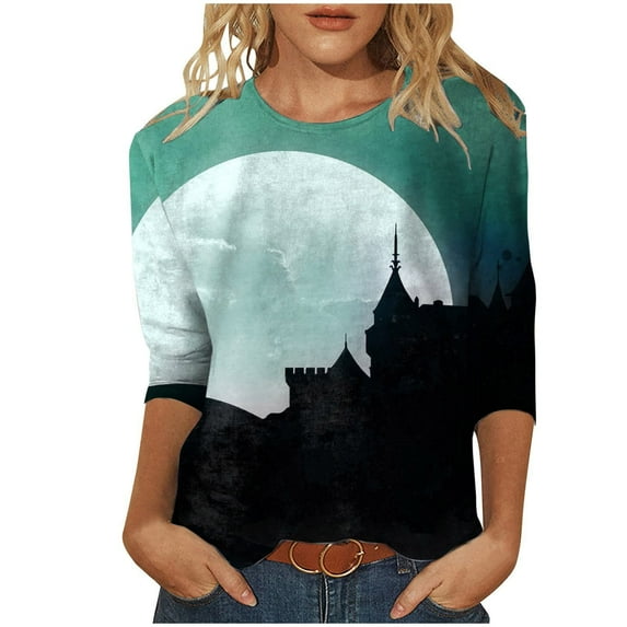 Dyegold Womens Halloween Shirts Sale Teen Girls Pumpkin Witch Ghost Pullover Tops 3/4 Length Sleeve Womens Tops Winter Vacation Women'S Fashion Winter