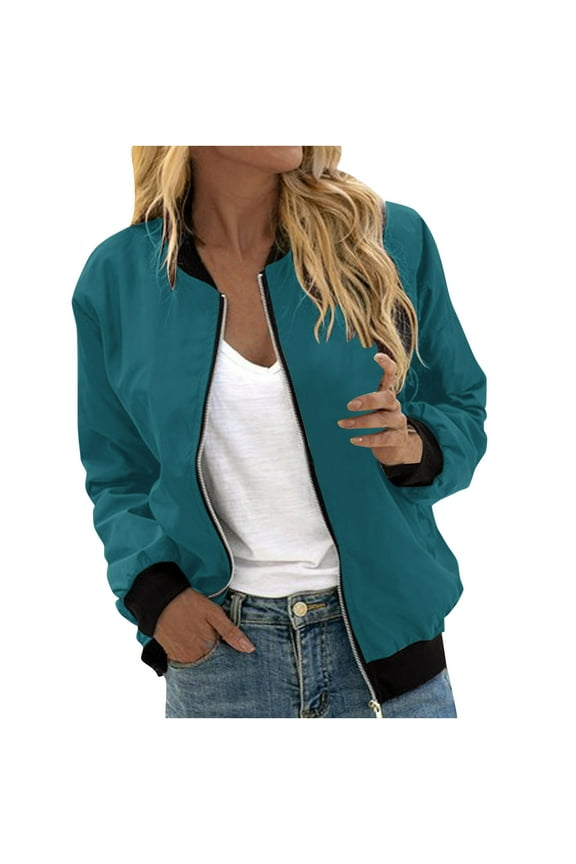 Womens Jackets Lightweight Zip Up Casual Inspired Bomber Jacket Coat Stand Collar Short Outwear Tops with Pockets