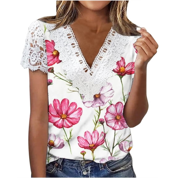 Dyegold Womens Lace Crochet Short Sleeve Tops V Neck Summer Trendy T Shirt Loose Fitting Comfy Dressy Casual Tunics Blouses