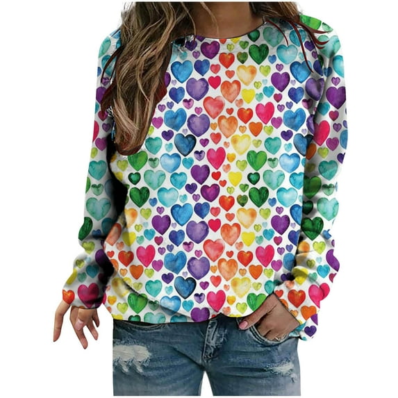 Dyegold Womens Long Sleeve Tops Casual Deals Comfy Vintage Casual Tops Plus Size Western Heart Printed Sweater Fleece Graphic Winter Sweatshirt Ladies Workout Jacket Oversized Teen Girls Hoodie
