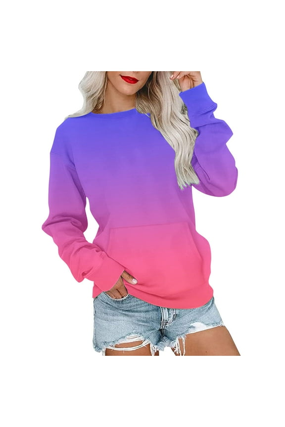 Dyegold Womens Long Sleeve Tops Casual Holiday Gifts Ladies Tops Teen Girls Fleece Western Plus Size Hoodie Casual Gradient Outfits Oversized Winter Pullover Crew Neck Essentials Long Sleeve Sweater