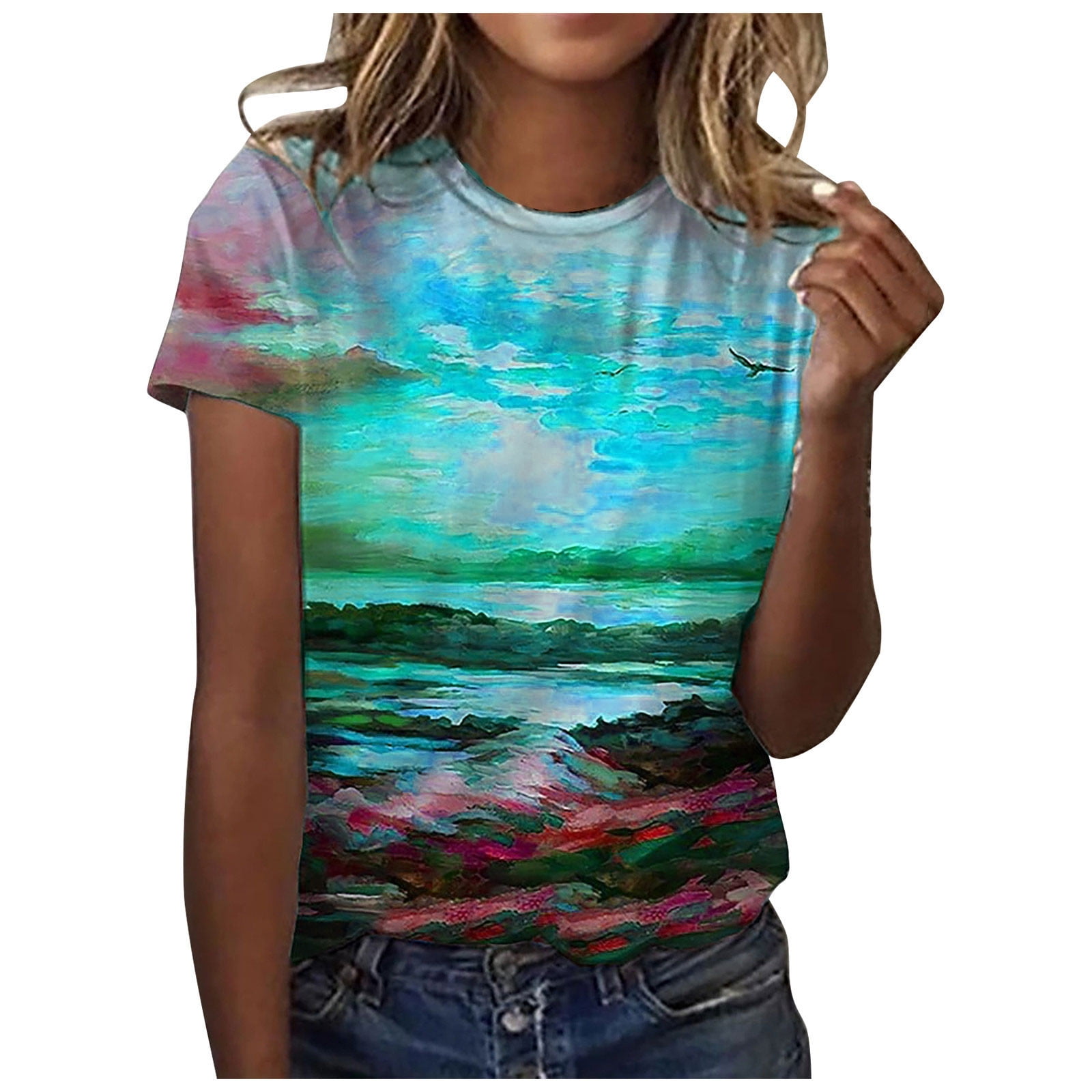 Dyegold Womens Summer Casual T-Shirts Round Neck Floral